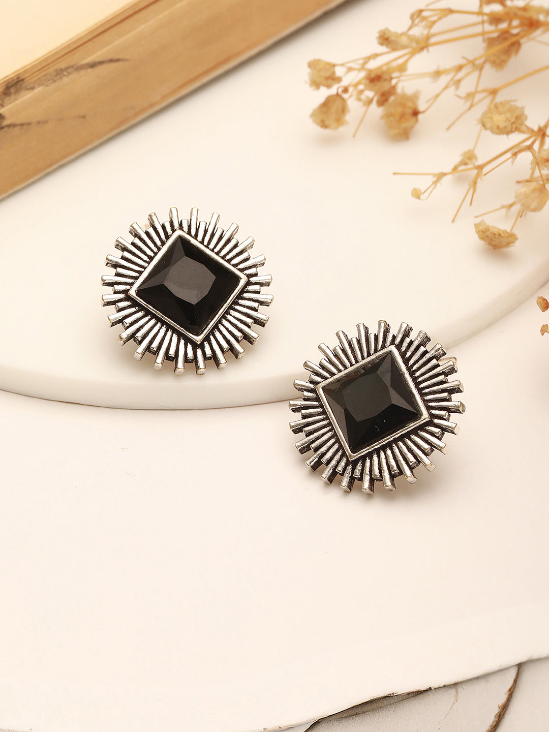 Oxidised Silver Toned  Black Stone Studded Geometric Square Shaped Minimal Studds Earrings